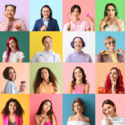 Collage of beautiful women on color background