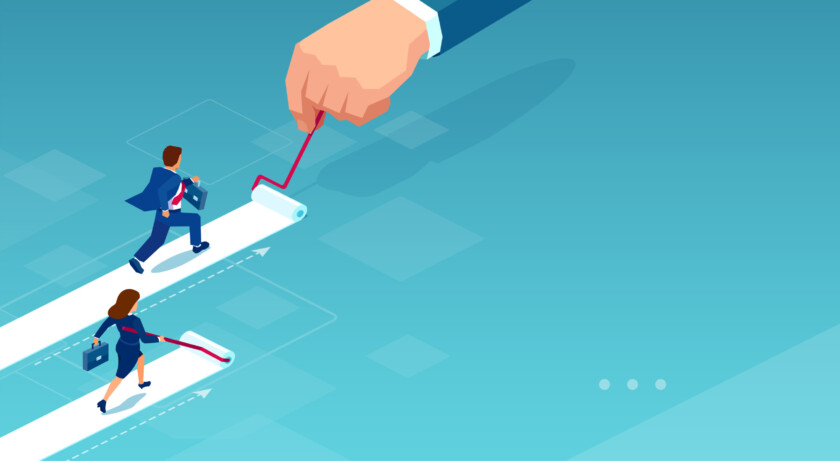 Vector of a businesswoman painting her own career path while businessman being supported by corporate culture .