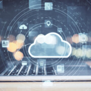 Laptop with cloud computing diagram. Cloud computing and communication concept.